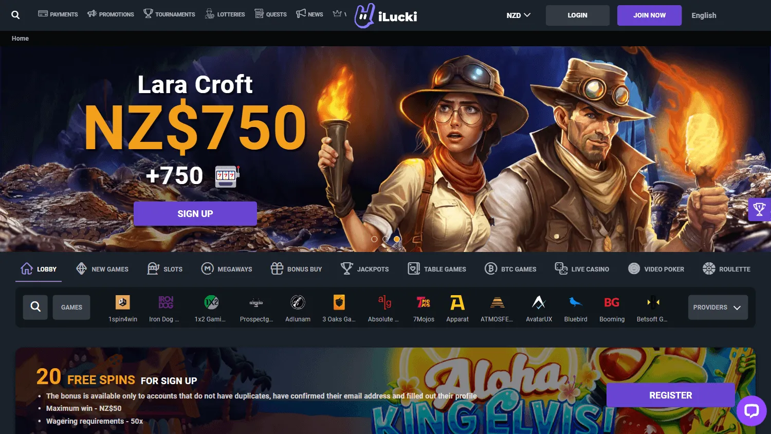 Ilucki Casino desktop home interface with casino access and account options