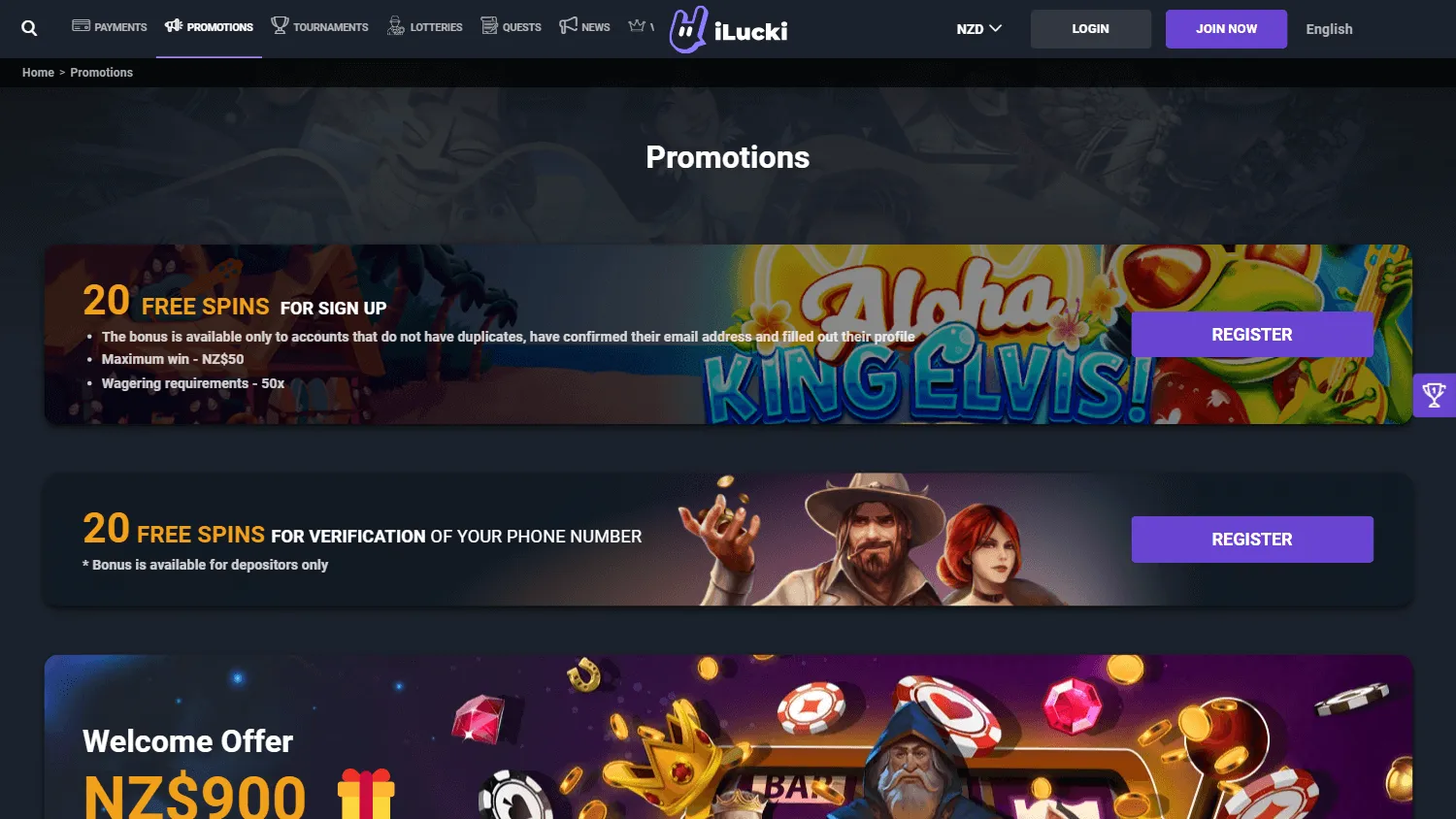Ilucki Casino desktop promotions interface with bonus and free-spin offers